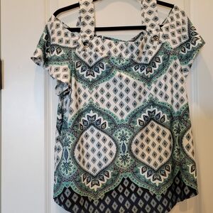 Perceptions White Cream Graphic Asymmetrical Blouse